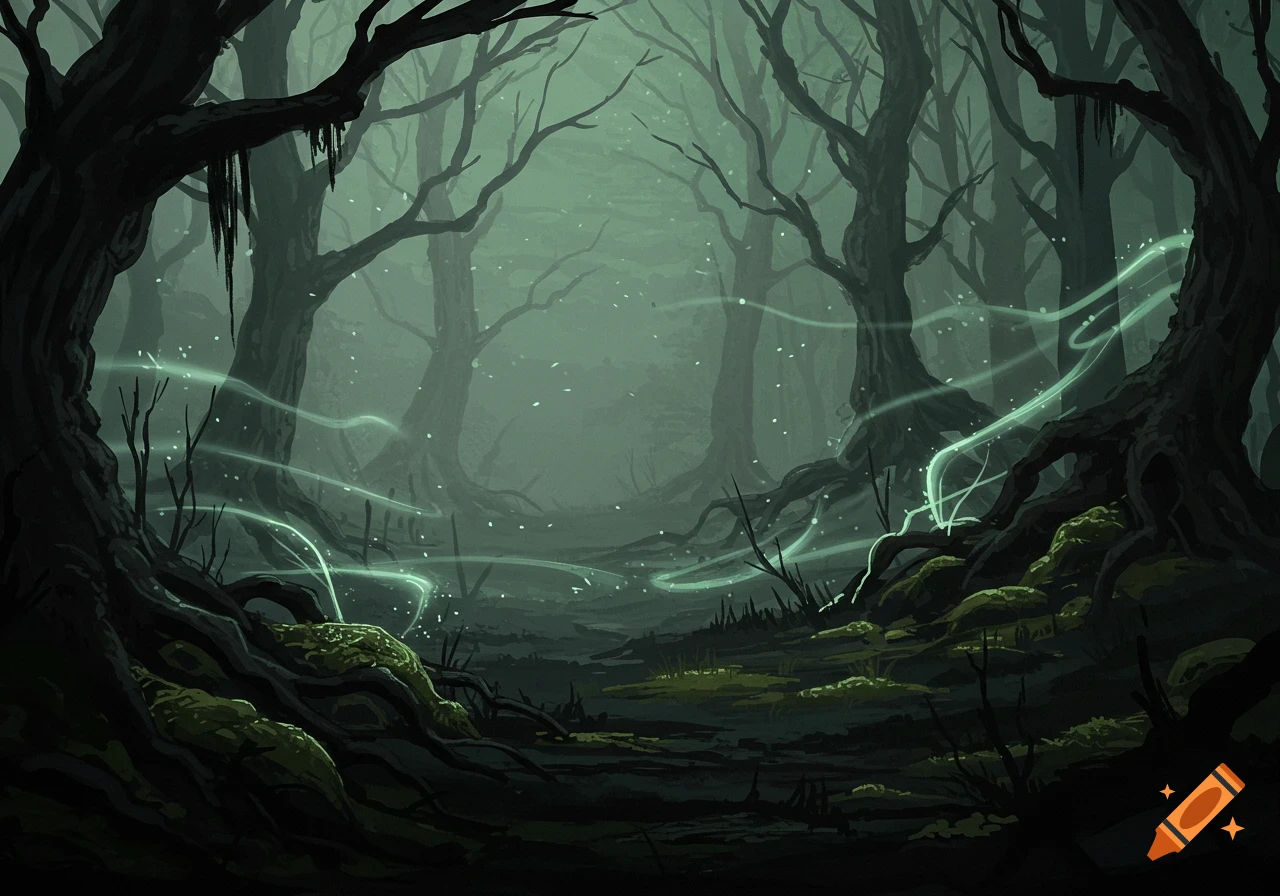 An eerie, dark forest scene with gnarled trees, a misty sage green atmosphere, and glowing light trails weaving through the air.
