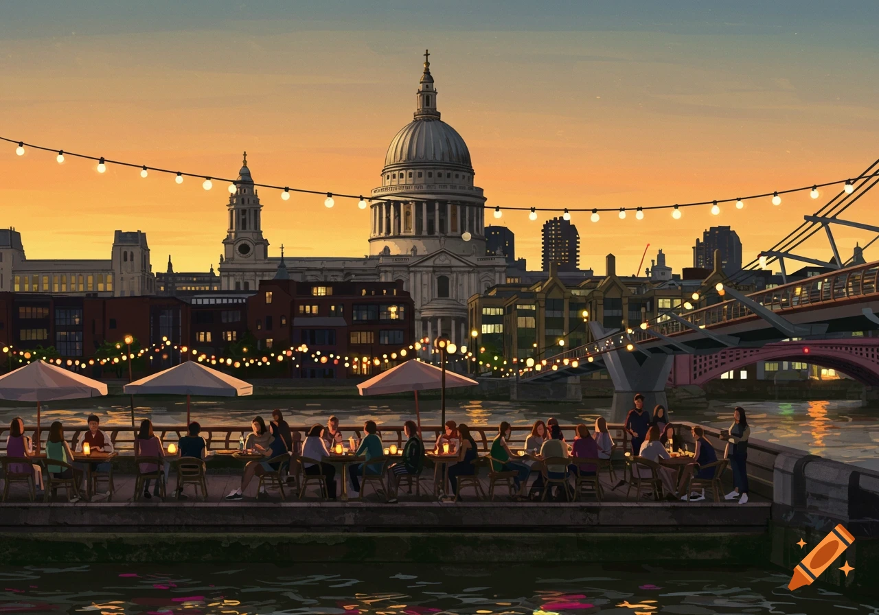An illustrative view of St. Paul's Cathedral at dusk, with people dining at a lively riverside restaurant under string lights.