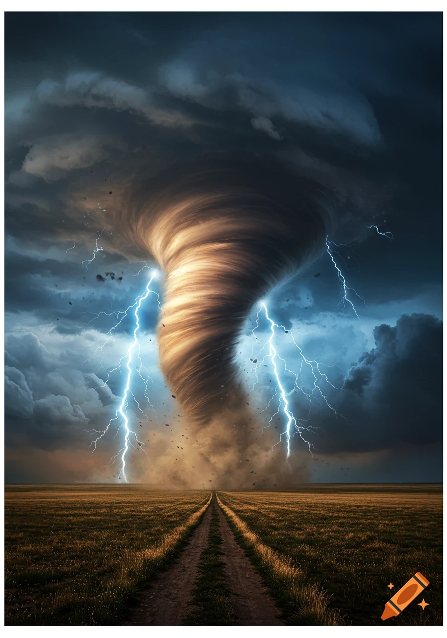 A dramatic photorealistic image of a powerful tornado touching down in a vast field, illuminated by bright lightning strikes under dark storm clouds.