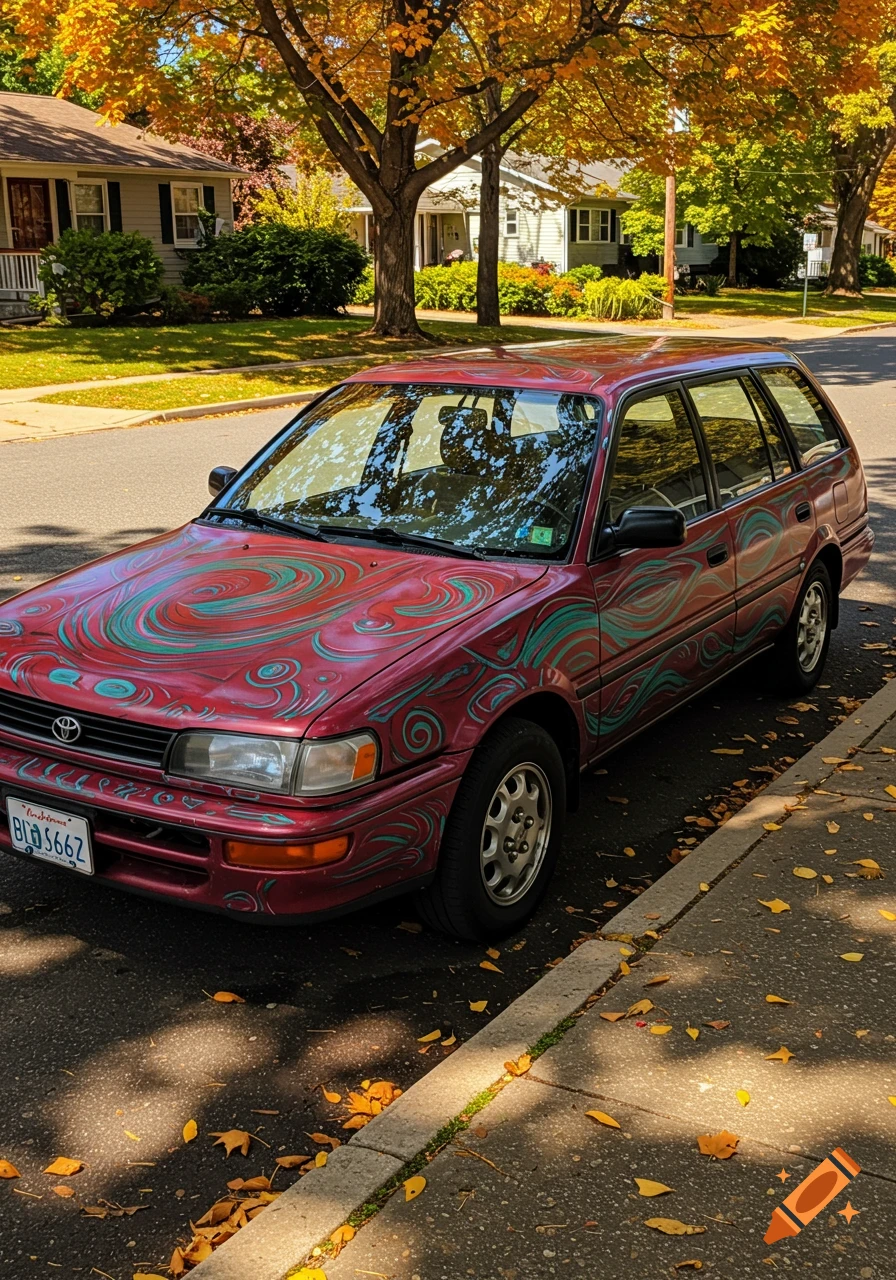 A red station wagon with teal swirl designs parked on a residential street covered in autumn leaves.