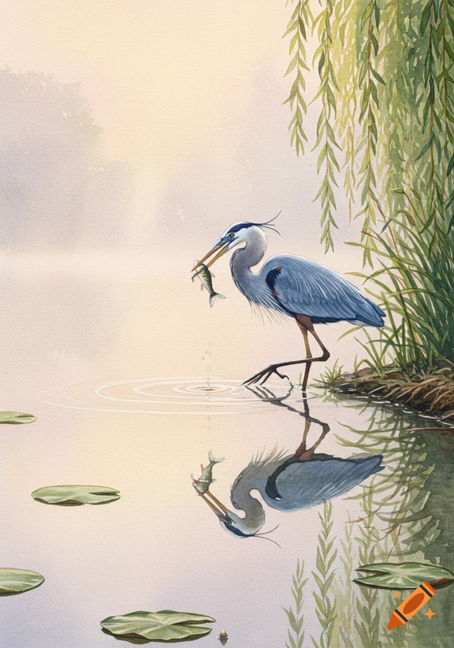 Watercolor of a blue heron standing in a pond, holding a small fish in its beak, with lily pads and willow branches.
