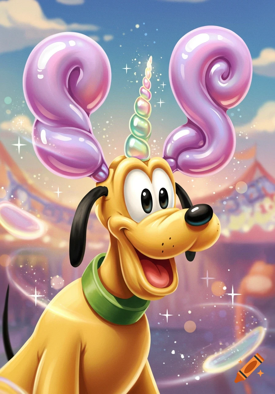 Pluto the dog with pink balloon-twisted ears and a colorful unicorn horn, smiling in a magical, sparkling cartoon setting.