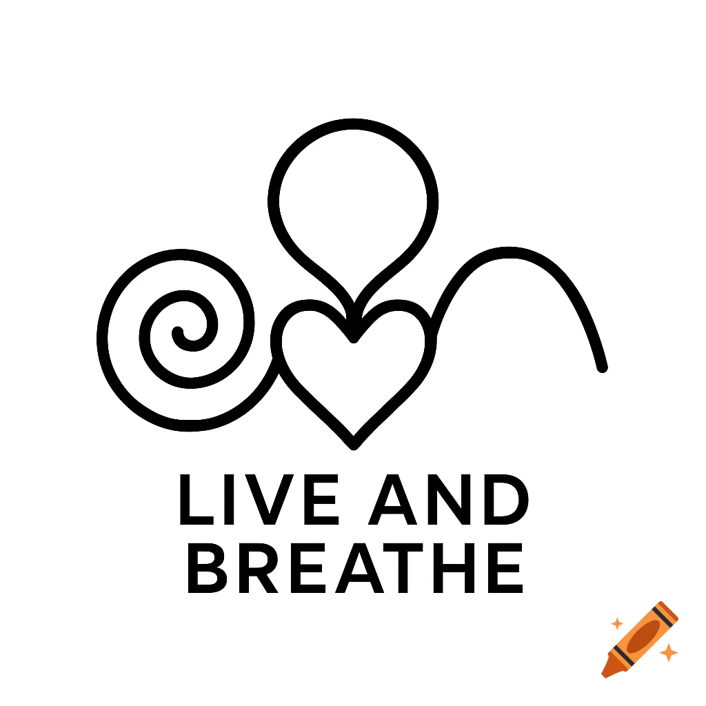 Black-and-white minimalist line art logo featuring a spiral, heart, and an arc, with the text 'LIVE AND BREATHE' below.