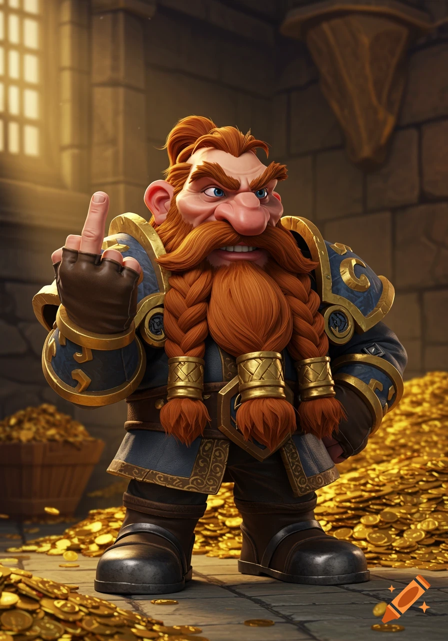 A 3D cartoon dwarf with a braided red beard in blue and gold armor gives the middle finger while surrounded by gold coins in a dungeon.