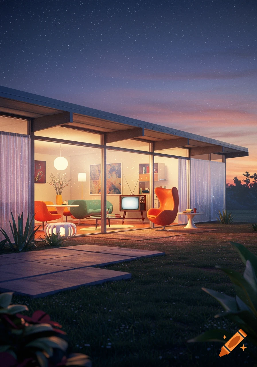 Photorealistic mid-century modern house with warm interior lights and retro-futuristic furniture under a twilight sky.