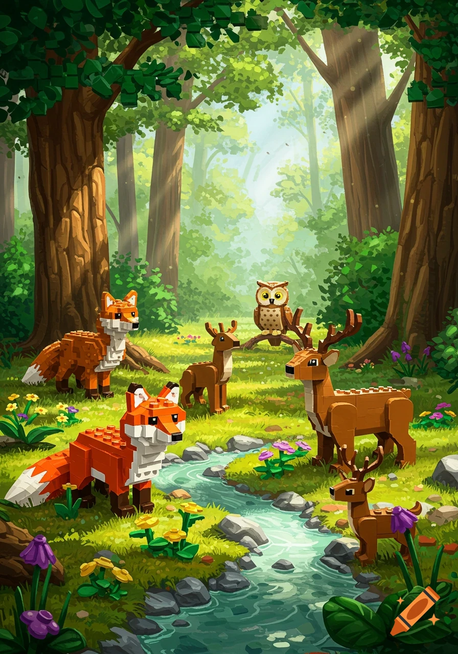 Lego-style foxes, deer, and an owl gathered around a stream in a vibrant forest.