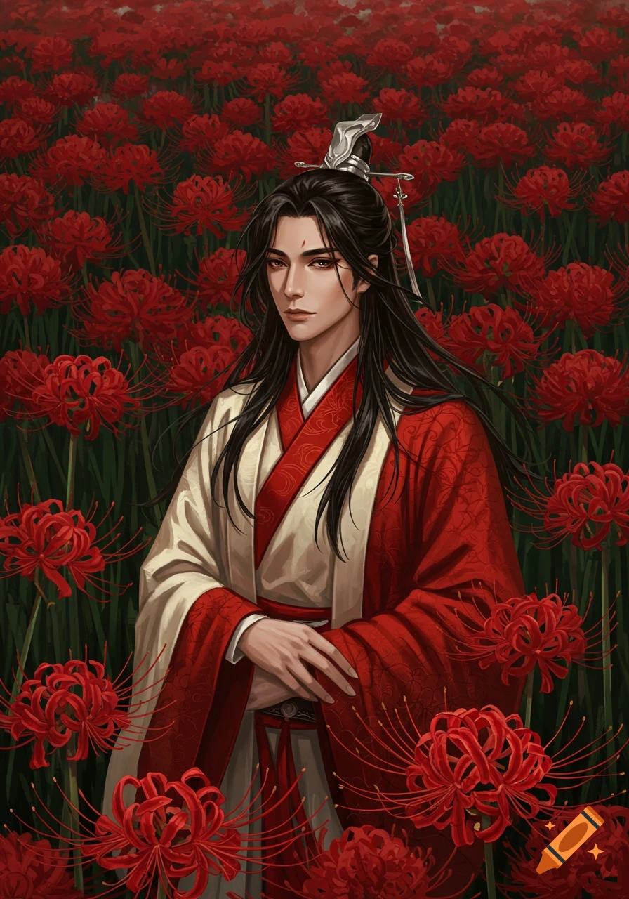 Elegant man with long black hair in red and white robes stands in a field of red spider lilies, digital painting.
