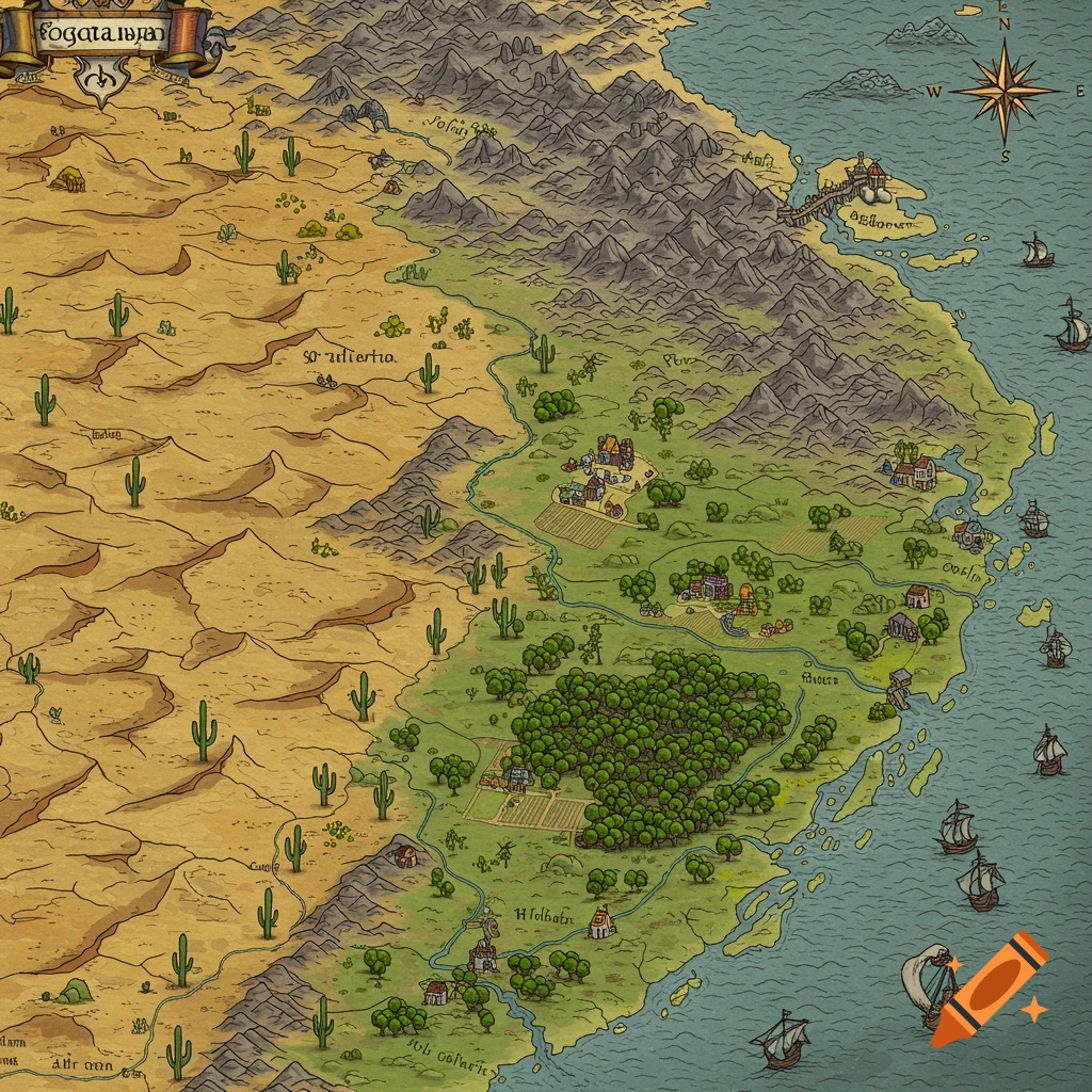 A detailed fantasy map in a medieval style showing a desert, mountains, forest, towns, and a coastline with ships.