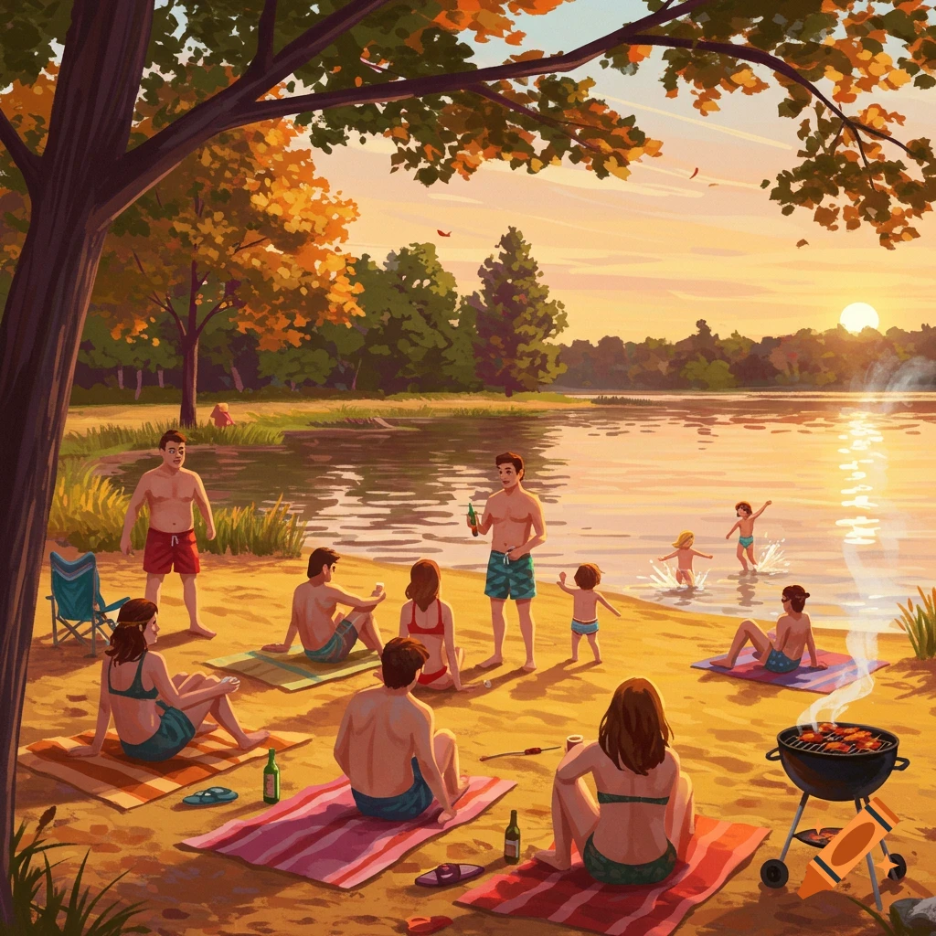 Stylized illustration of a family and friends enjoying a picnic and BBQ by a lake at sunset.