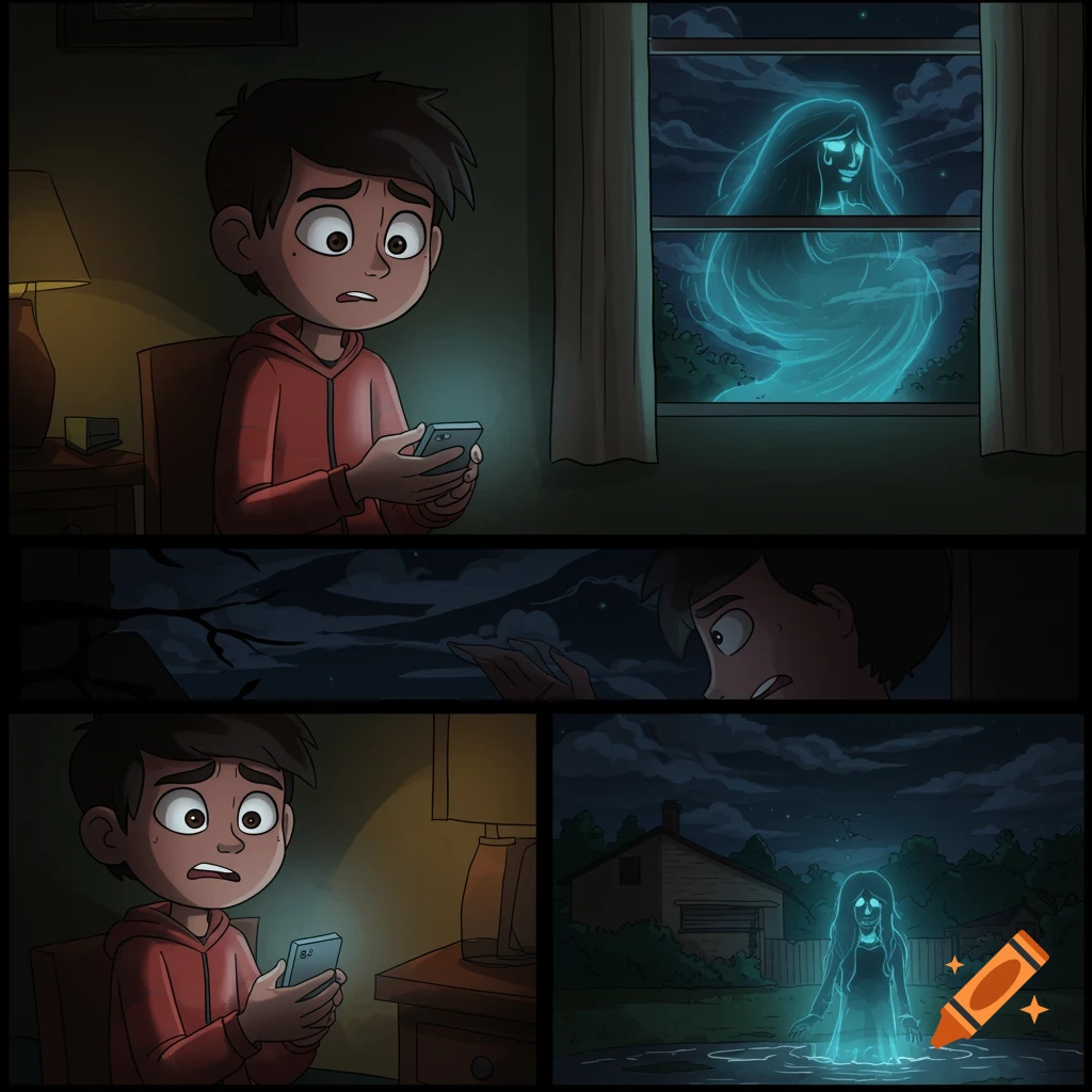 A four-panel cartoon comic strip showing a scared boy looking at his phone, while a blue ghost appears outside his window and later in his yard.