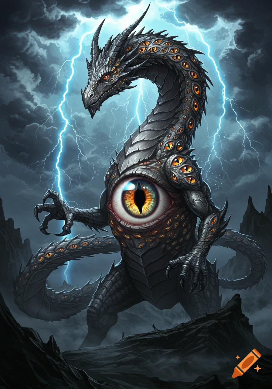A fearsome dark dragon covered in numerous orange eyes, with a large central eye on its torso, stands in a stormy, rocky landscape with lightning.