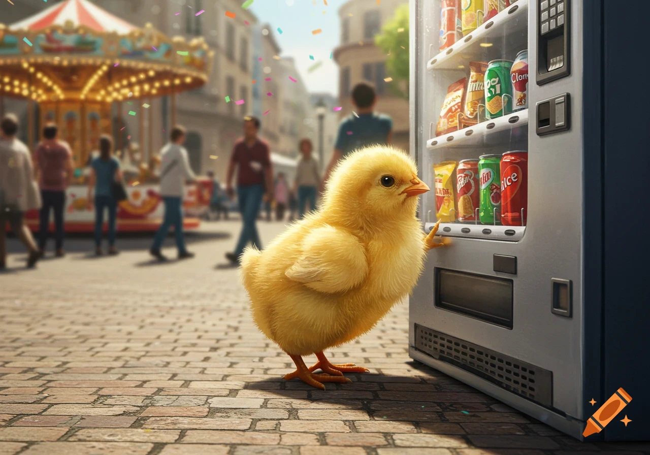 A fluffy yellow baby chicken stands next to a vending machine on a cobblestone street, with blurry people and a carousel in the background.