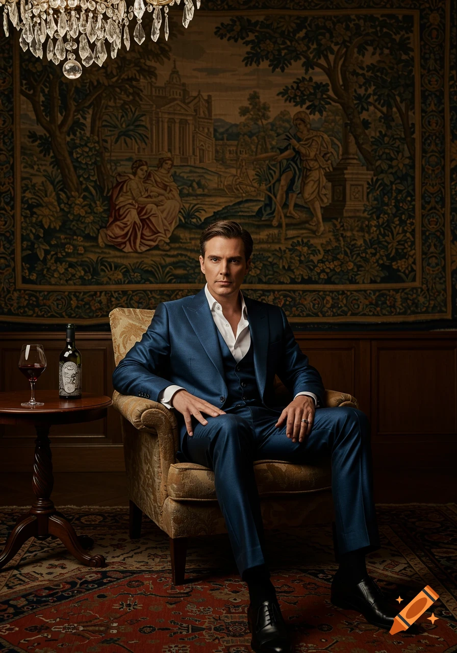 A stylish man in a blue suit sits in a lavish armchair beside a wine bottle and glass, in a room with an ornate tapestry.