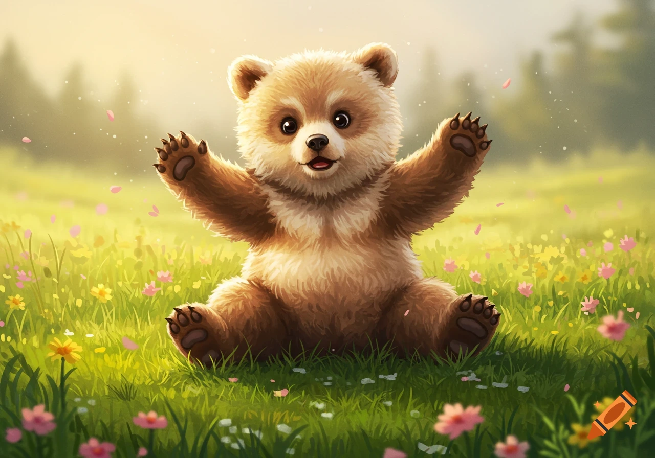 A cute, fluffy bear cub sits with raised arms in a vibrant field of green grass and colorful flowers, in an illustrated style.