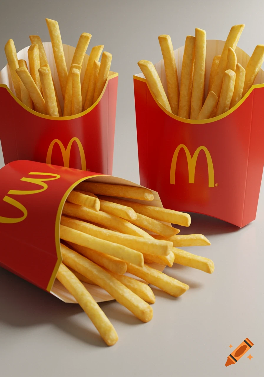 Three McDonald's fry containers, one tipped over, filled with golden fries on a clean surface, photorealistic.