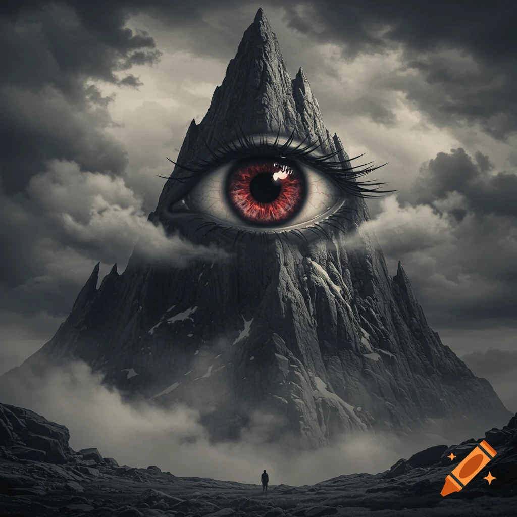 Ominous mountain with a large, red, all-seeing eye embedded in its peak, under dark clouds, with a lone figure below.