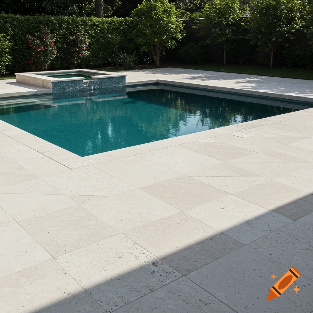 Photorealistic outdoor swimming pool with ivory travertine coping and large white travertine pavers in a diamond pattern, lush greenery.