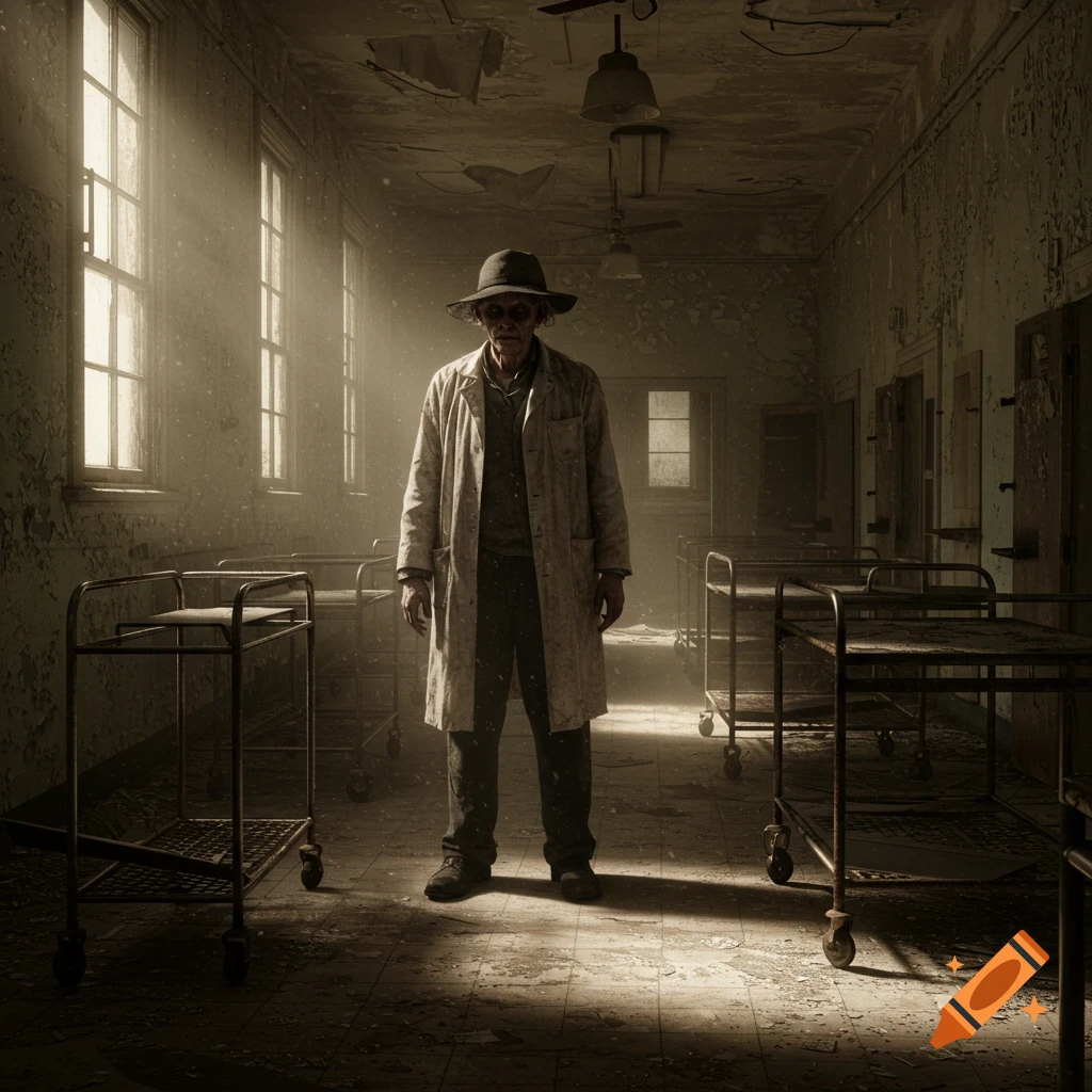 A creepy old doctor in a fedora and long coat stands in a dusty, sunlit corridor of an abandoned asylum with medical carts.