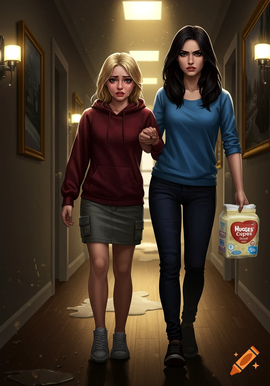 Two stylized women walk down a dark hallway; a blonde woman cries while a dark-haired woman holds a diaper package.