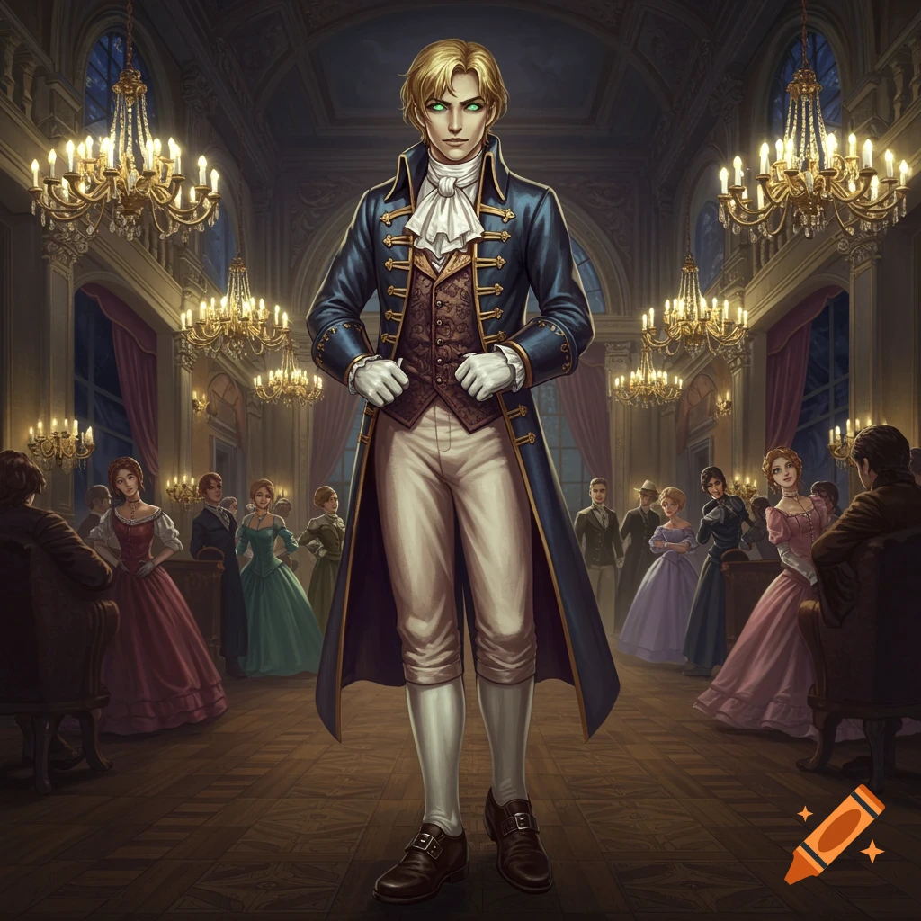 A dashing young prince with golden hair and green eyes in a blue frock coat stands in an ornate, candlelit ballroom with other guests in a realistic fantasy art style.