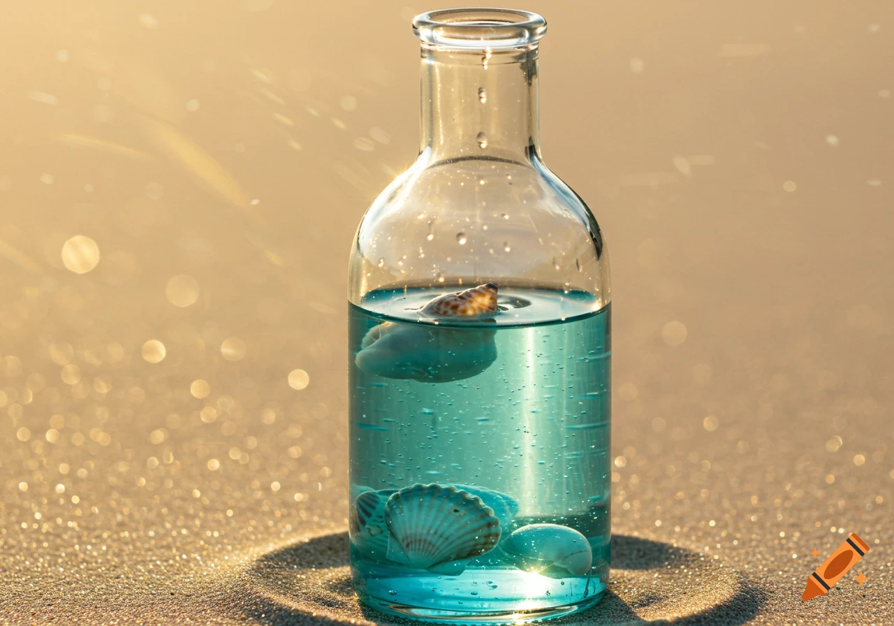 A clear glass bottle partially filled with turquoise water and seashells rests on sparkling golden sand in sunlight.