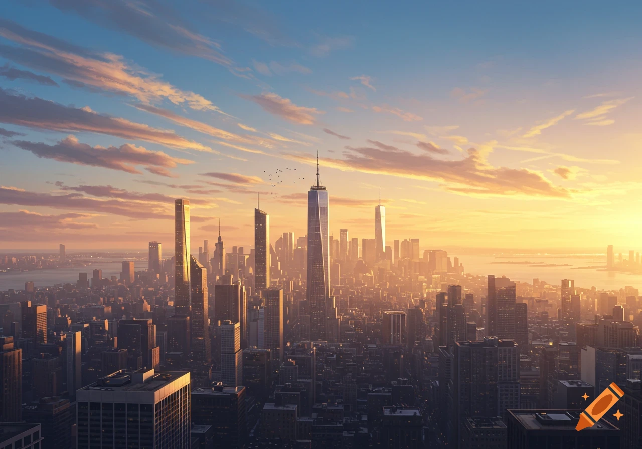 Photorealistic aerial view of a sprawling city skyline at sunrise, tall skyscrapers bathed in warm golden light under a blue and orange sky.
