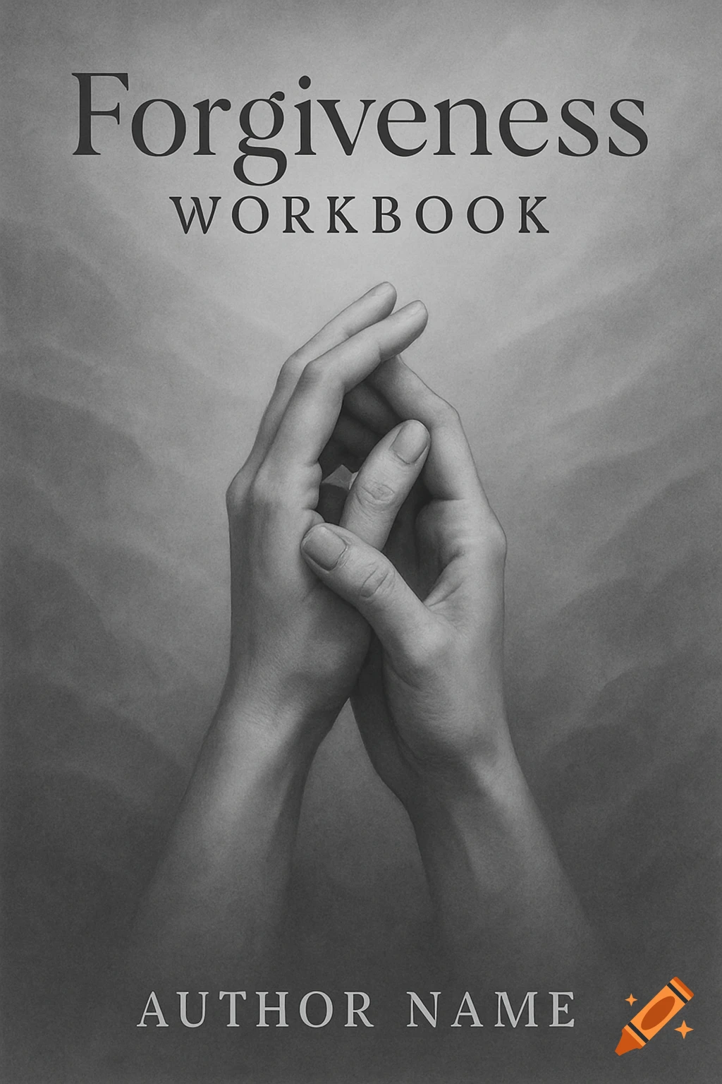 Grayscale book cover with clasped hands, titled 'Forgiveness Workbook' and 'Author Name'.