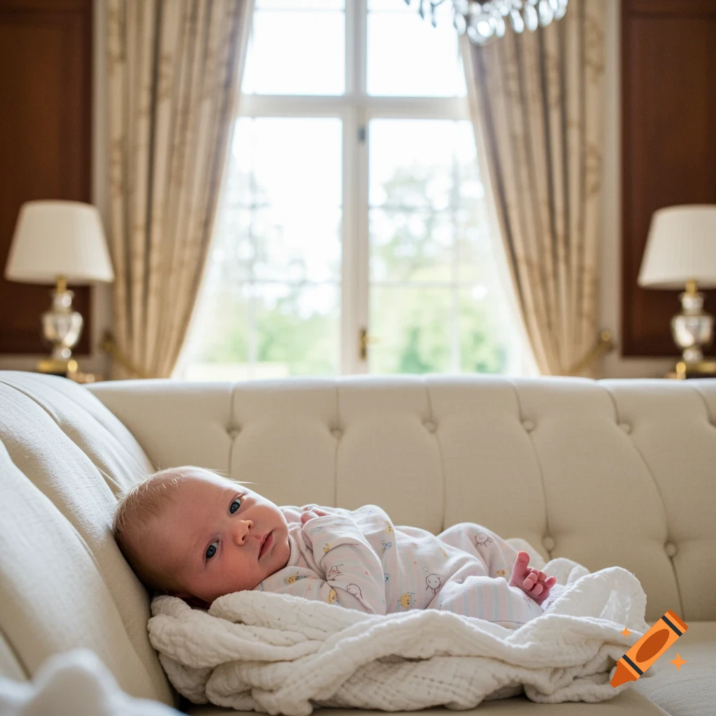 Photorealistic image of a newborn baby with light hair and blue eyes, wearing a onesie, lying on a cream couch in a luxurious home.