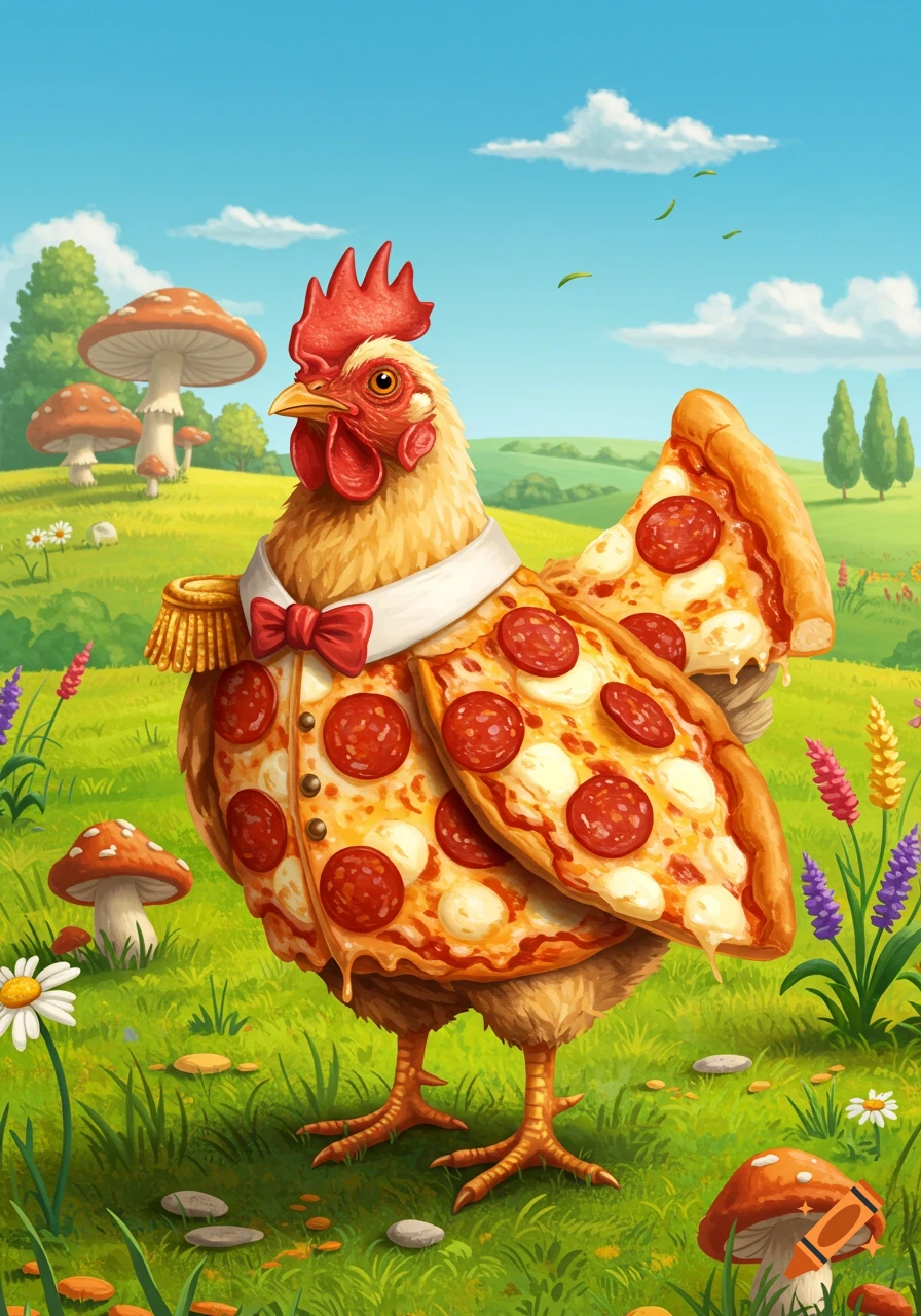 A whimsical cartoon chicken wearing a pepperoni and cheese pizza suit stands in a vibrant green field with large mushrooms.