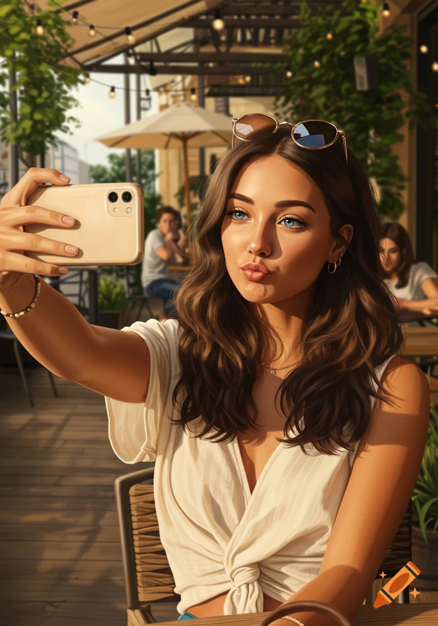 Stylized digital art of a young brunette woman with blue eyes taking a selfie at an outdoor cafe.