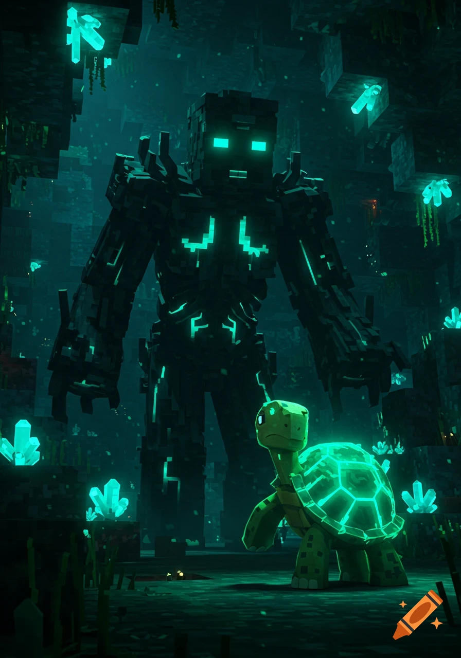 A towering, blocky Minecraft Warden with glowing teal eyes and markings stands over a glowing turtle in a dark, teal-lit cave.