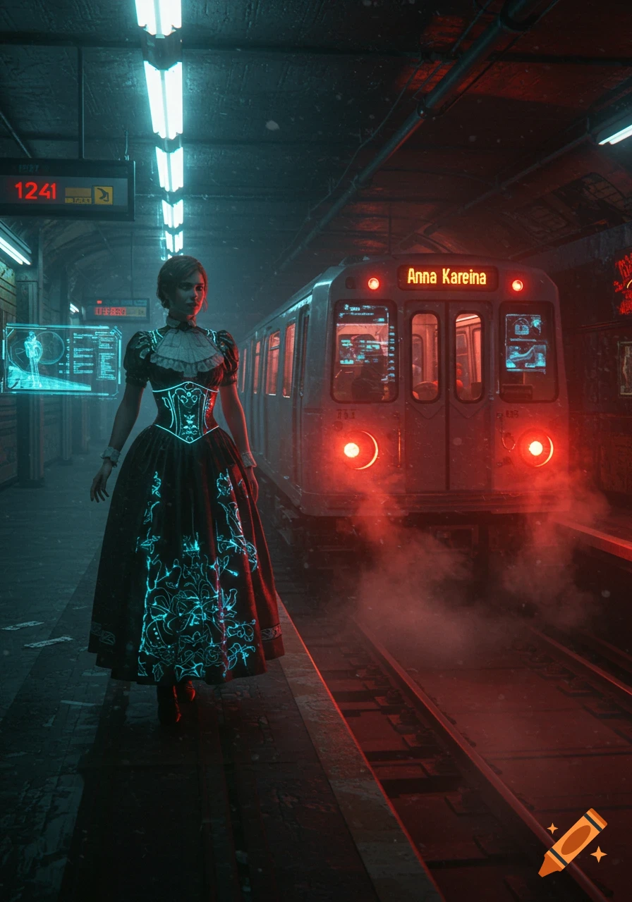 Anna Karenina in a Victorian-cyberpunk dress, glowing with neon details, stands on a dark, steamy subway platform as a red-lit futuristic train approaches.