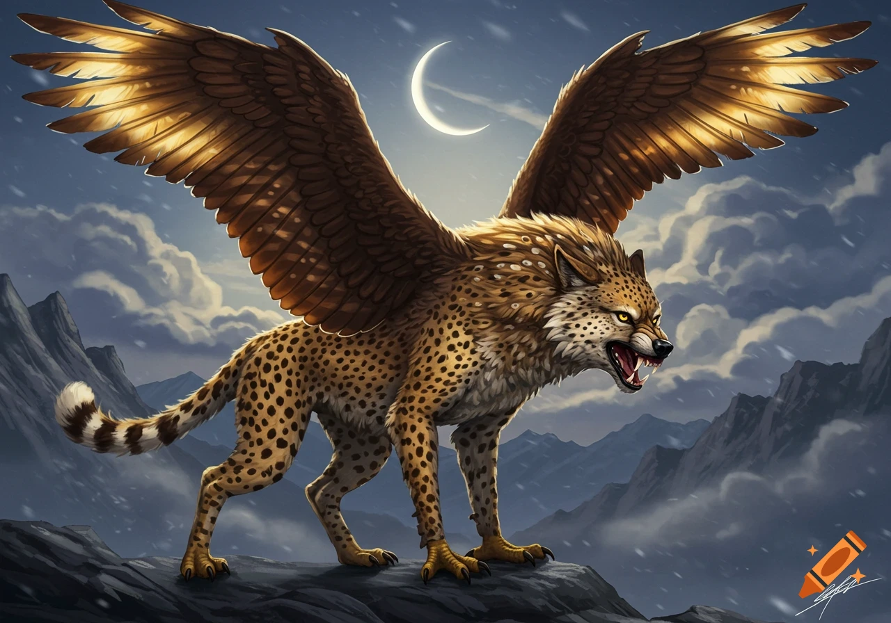 A powerful mythical creature with a wolf-like head, cheetah spots, and large eagle wings stands snarling on a snowy mountain peak under a crescent moon in a detailed digital painting.