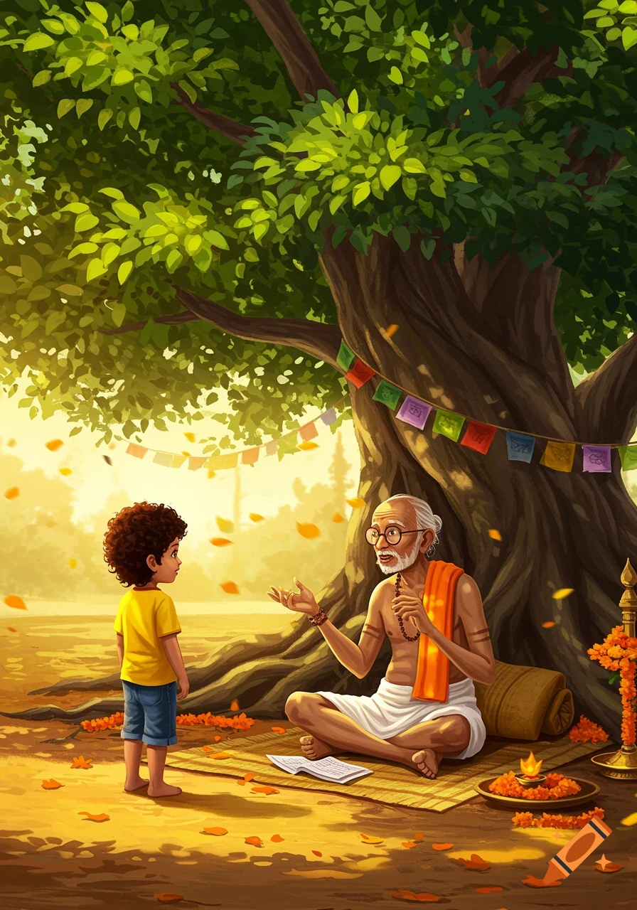 Illustration of a young boy talking to an old man in traditional Indian attire sitting under a large tree with prayer flags and marigolds.