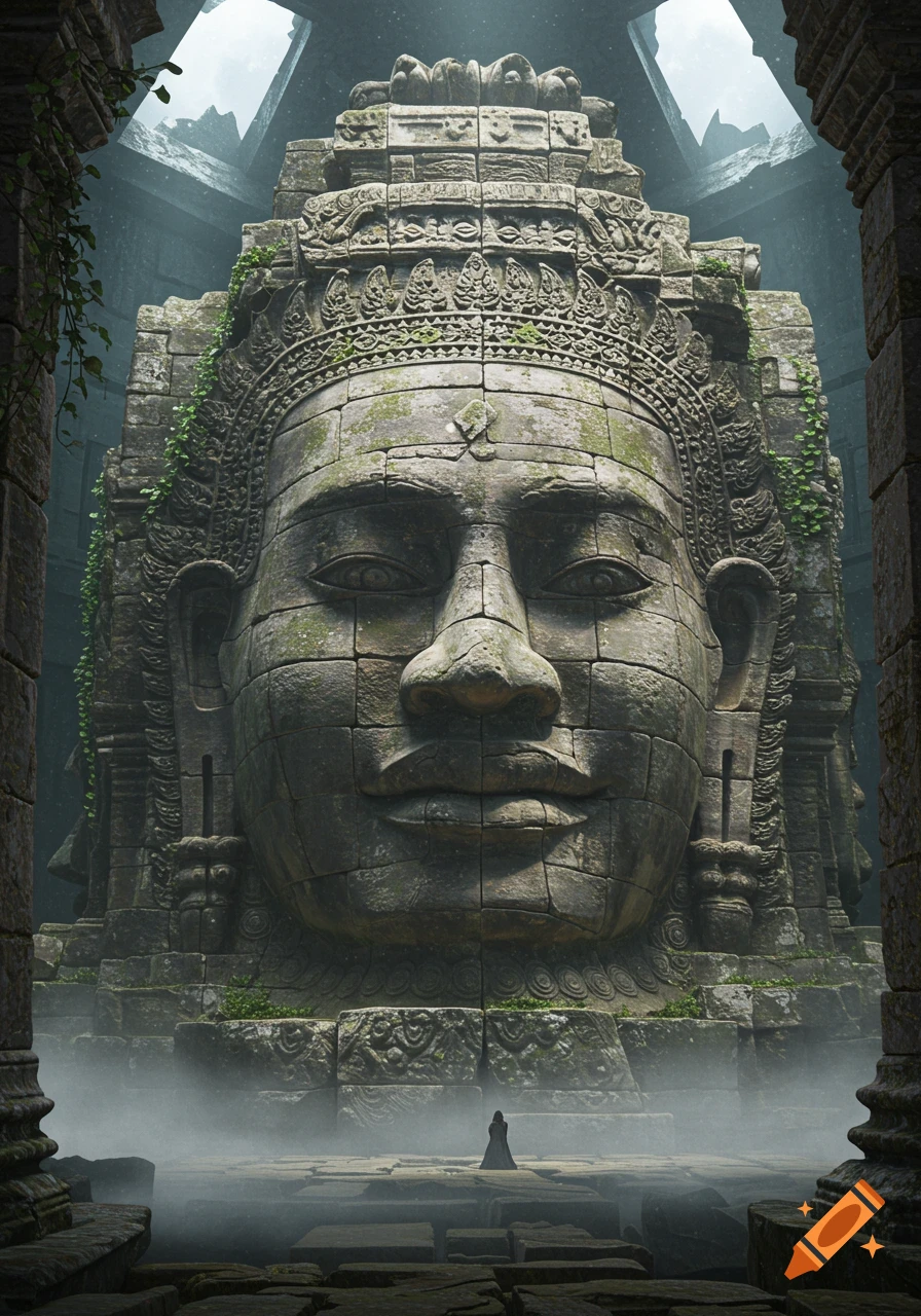 Massive moss-covered stone face statue in a ruined, misty ancient temple, with a tiny figure below. Photorealistic.