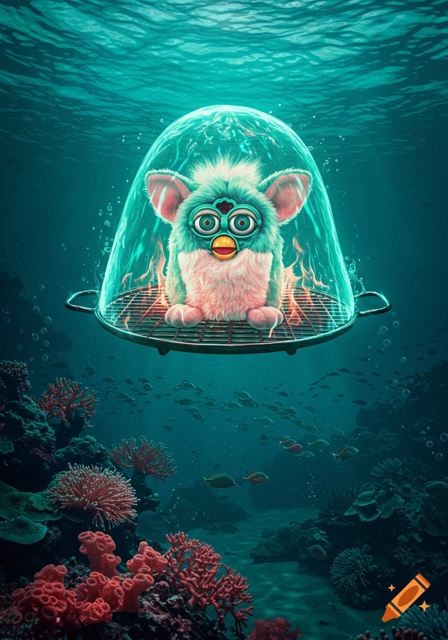 A fluffy, teal and pink Furby sits on a glowing grill under a glass dome in a vibrant ocean with fish and coral.