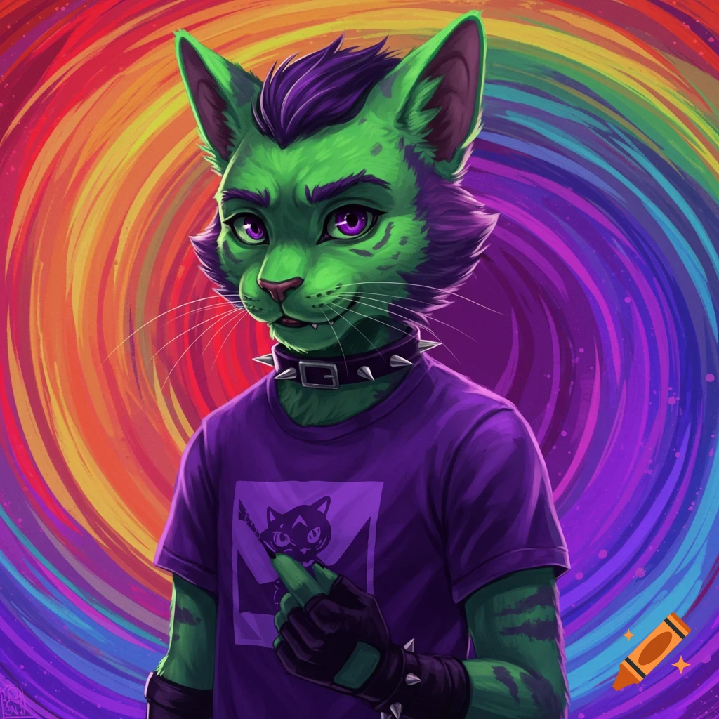 Green cat fursona with purple hair, spiked collar, purple t-shirt, and a vibrant rainbow swirl background.