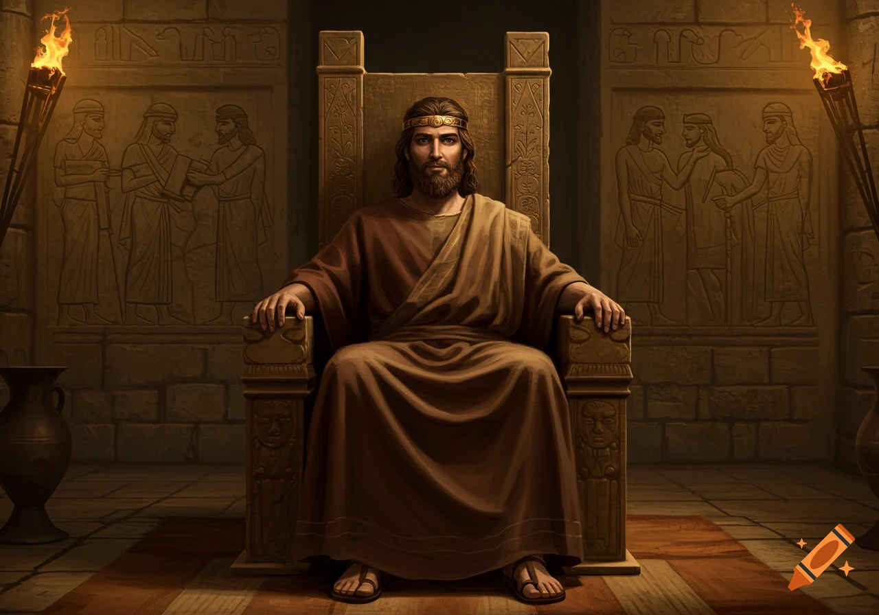 An ancient king with a beard and crown sits on an ornate golden throne in a stone room, flanked by flaming torches and wall carvings.
