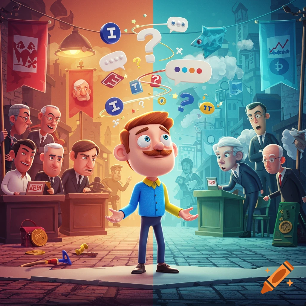 A 3D cartoon of a man standing between two political factions, one orange and one blue, with symbols and speech bubbles floating around him.