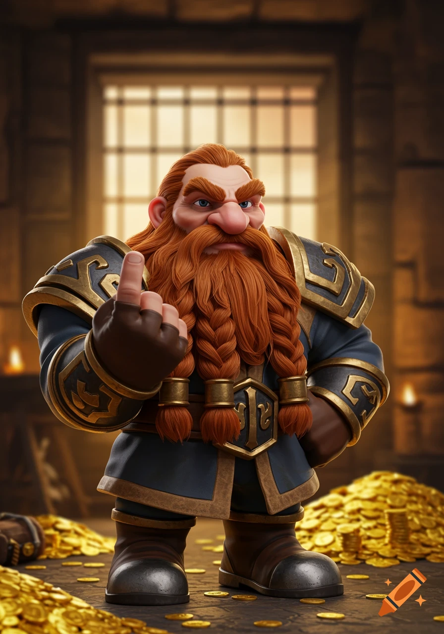 A 3D caricature of the dwarf Brann Bronzebeard giving the middle finger in a dungeon with gold coins and an evening light window.