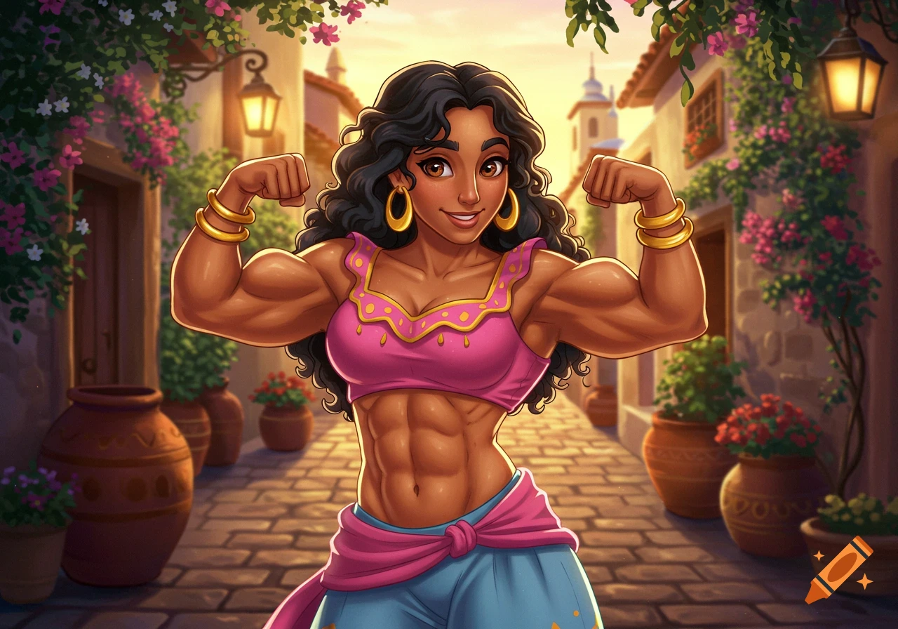 A muscular cartoon woman with dark curly hair and a pink crop top flexes her biceps, smiling in a vibrant, flowery village.