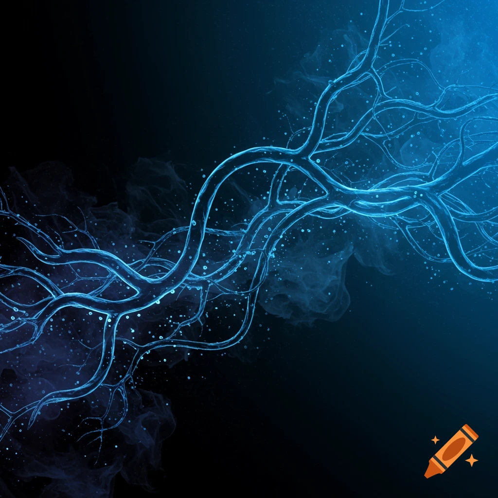 Abstract glowing blue vein-like network with a misty dark background.