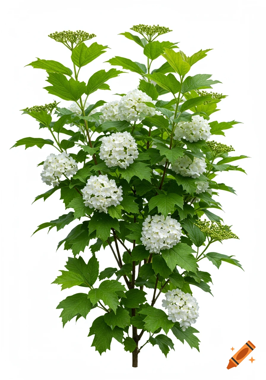 Photorealistic Viburnum opulus shrub with white flowers and green leaves on a transparent background.