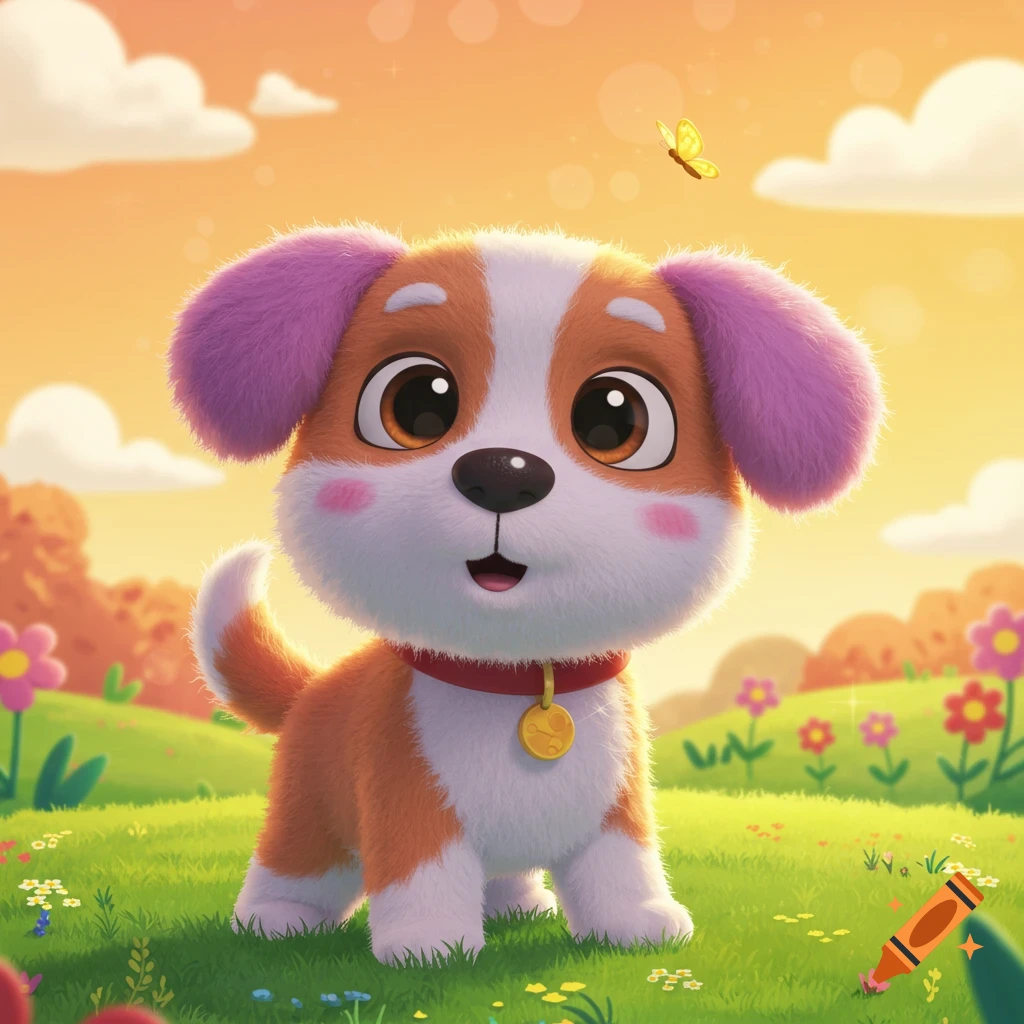 A cute, fluffy cartoon puppy with big eyes and pink ears stands in a sunny green field with flowers and a butterfly.