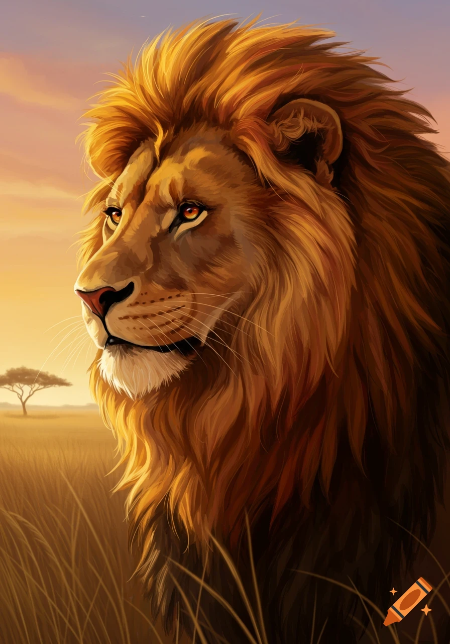 A majestic lion with a golden mane gazes across a sunny savanna at sunset, depicted in an illustrative style.