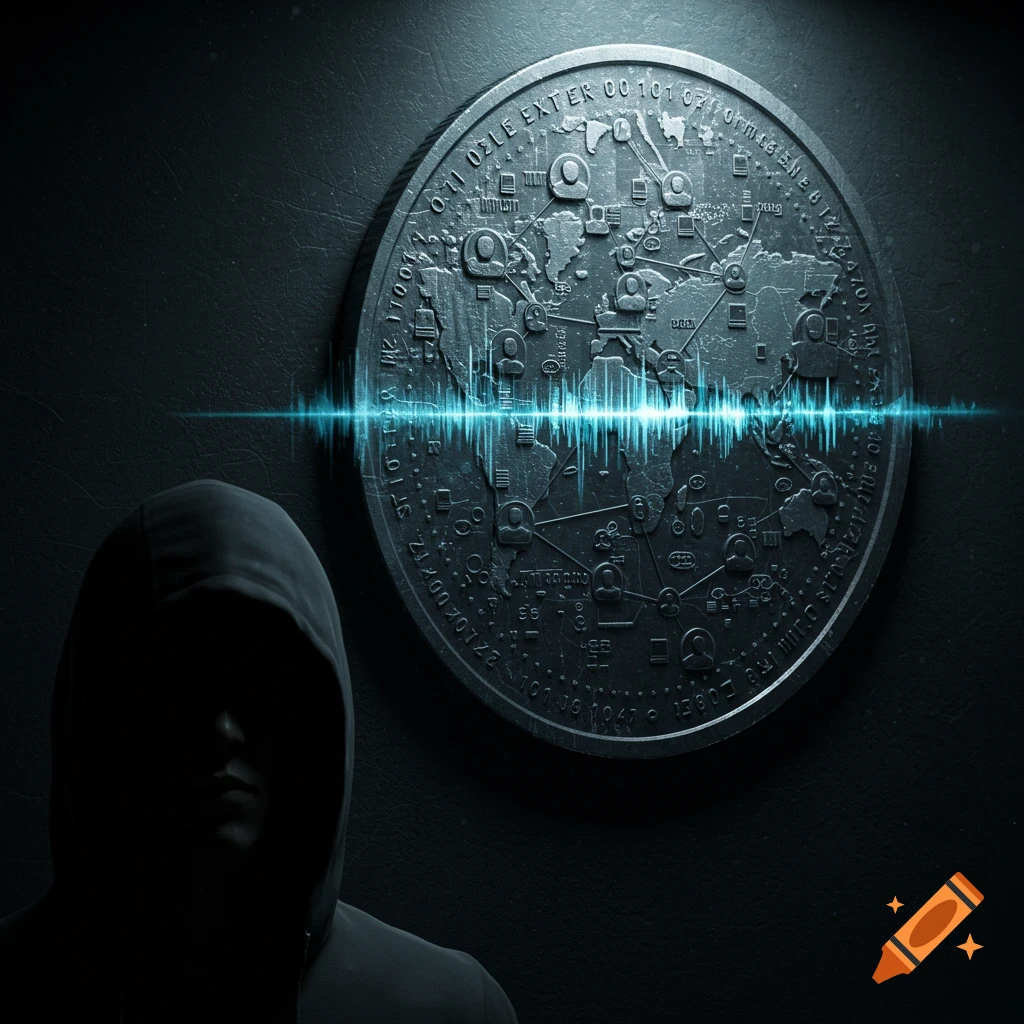 A dark hooded figure in front of a large coin depicting a world map with network connections and a glowing blue audio waveform.
