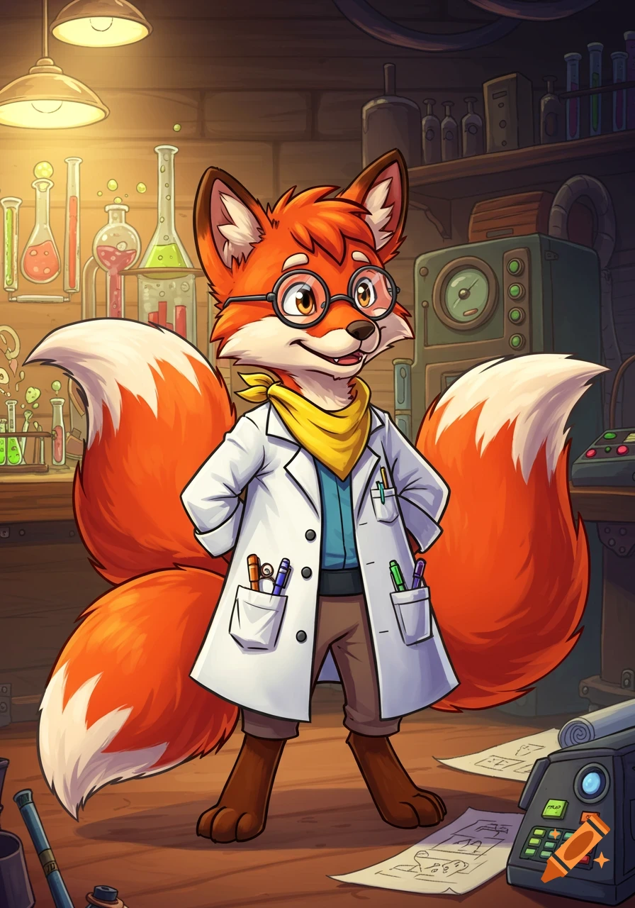 A cute cartoon fox with multiple fluffy orange and white tails wears a lab coat, round glasses, and a yellow bandana, standing in a science lab.