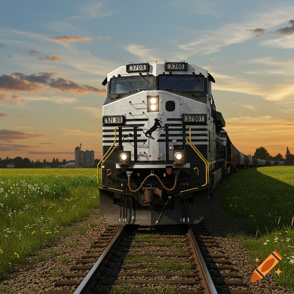 A photorealistic front view of a Norfolk Southern SD70MAC locomotive on train tracks in a vibrant green field at sunset.
