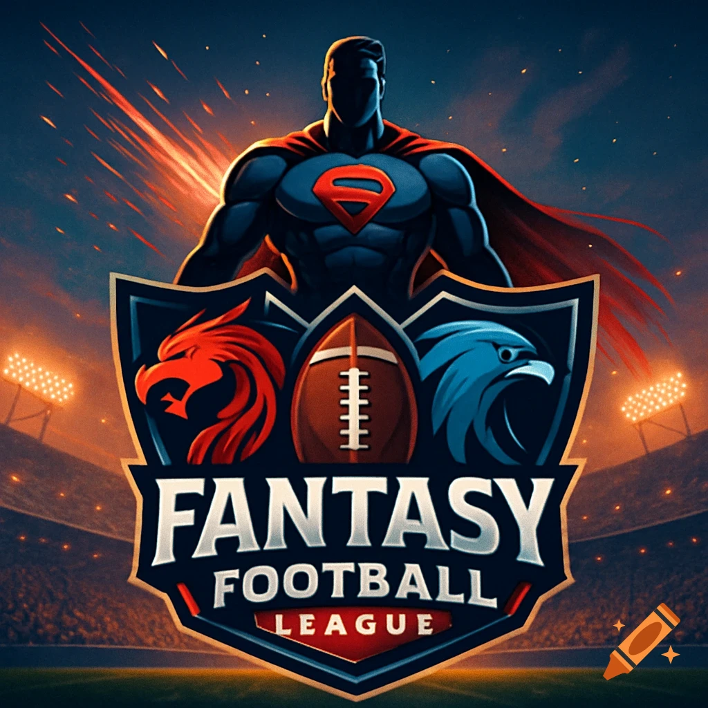 Dynamic logo for a Fantasy Football League with a Superman-like figure, a shield, football, dragon, eagle, and stadium lights in a comic style.