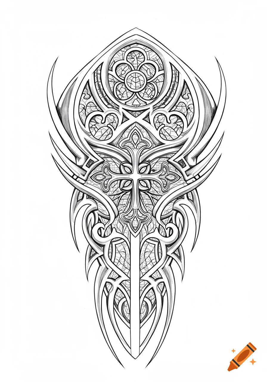 Black and white line art sketch of an intricate Gothic stained glass window and tribal tattoo design with a central cross.